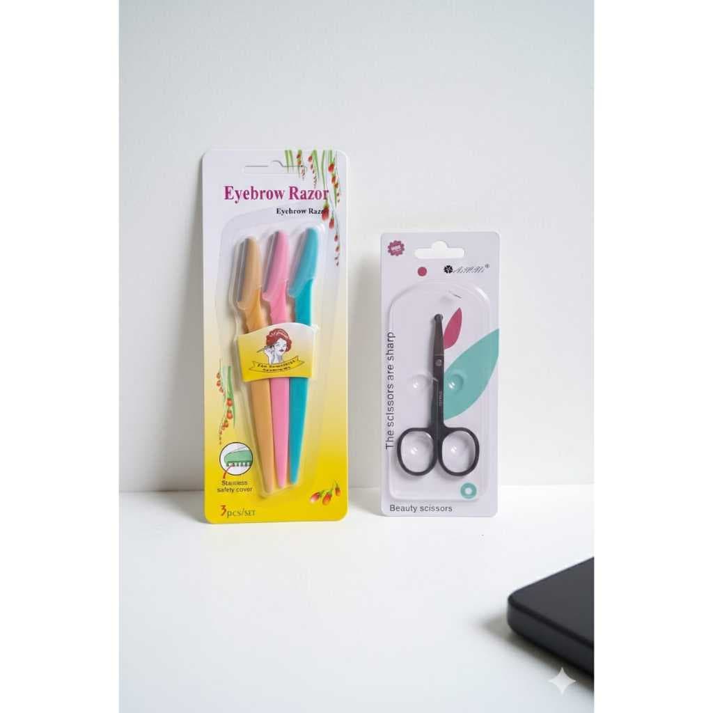 Kit Design  de Sobrancelha  3 Navalhas  com  Proteção   + Tesoura  de Ponta  Redonda