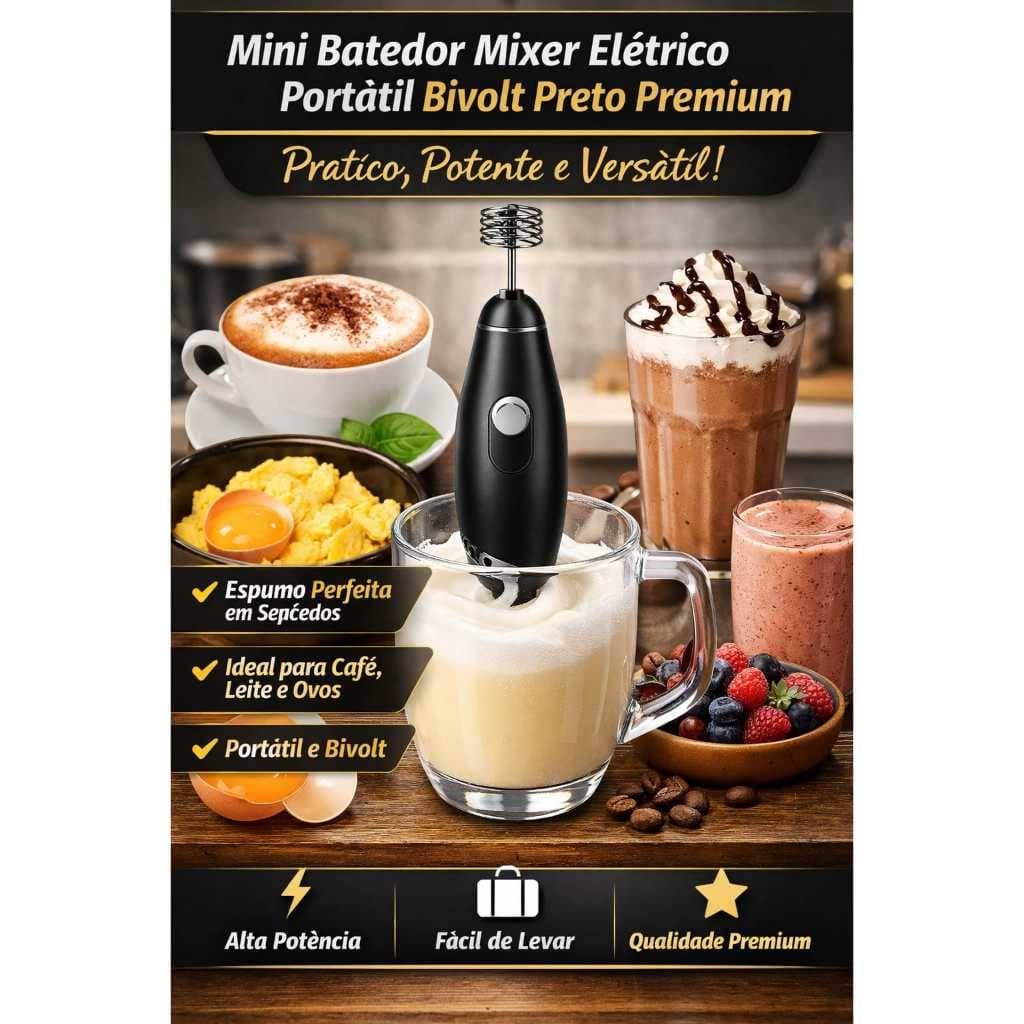 Mini Batedor Mixer Elétrico Portátil Bivolt Preto Premium | Misturador de Café, Cappuccino, Leite, Ovos e Bebidas
