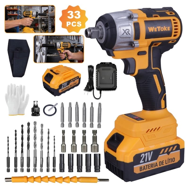 Chave de Impacto Sem Escovas 21V - Conjunto Profissional Wetoke com 25 Peças e Bateria de Longa Duração