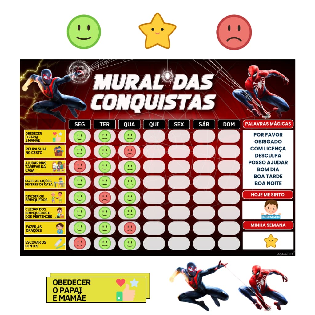 Mural de Incentivo e Rotina Diária para Crianças Infantil – "Spider-Man" (22x30cm)