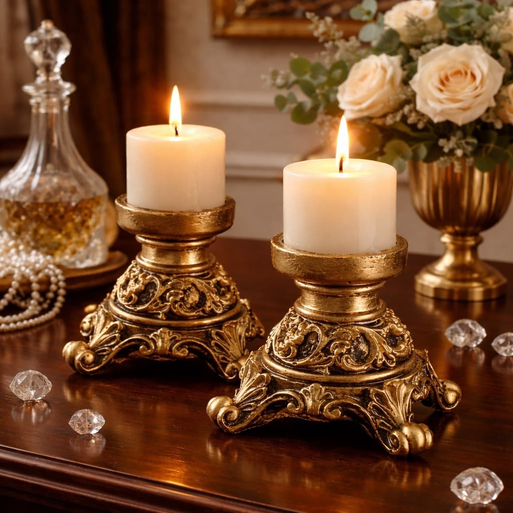 Kit Par 2 Peças Decorativa Porta Vela Dourado Envelhecido Mesa Posta FABRICAÇÃO PROPRIA