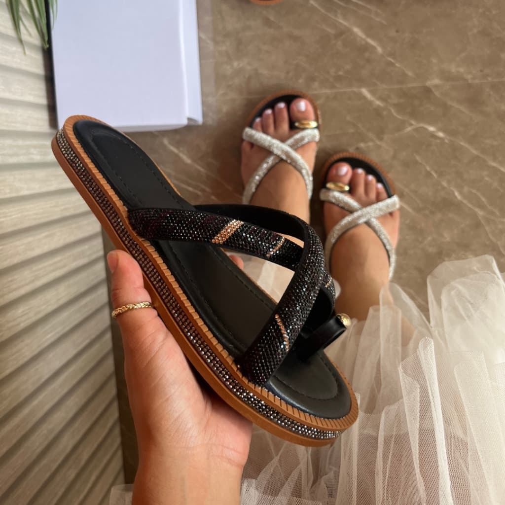 Papete Sandália Feminina Rasteira Confortável Luxo Brilhante Blogueirinha Plataforma Flatform Strass