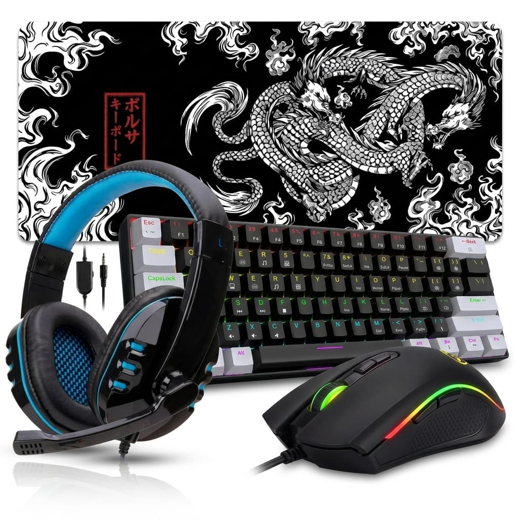 Kit Gamer RGB 4 em 1 Mecânico 60% + Mouse 3200DPI + Headset + Mouse Pad Dragão 🎮🔥