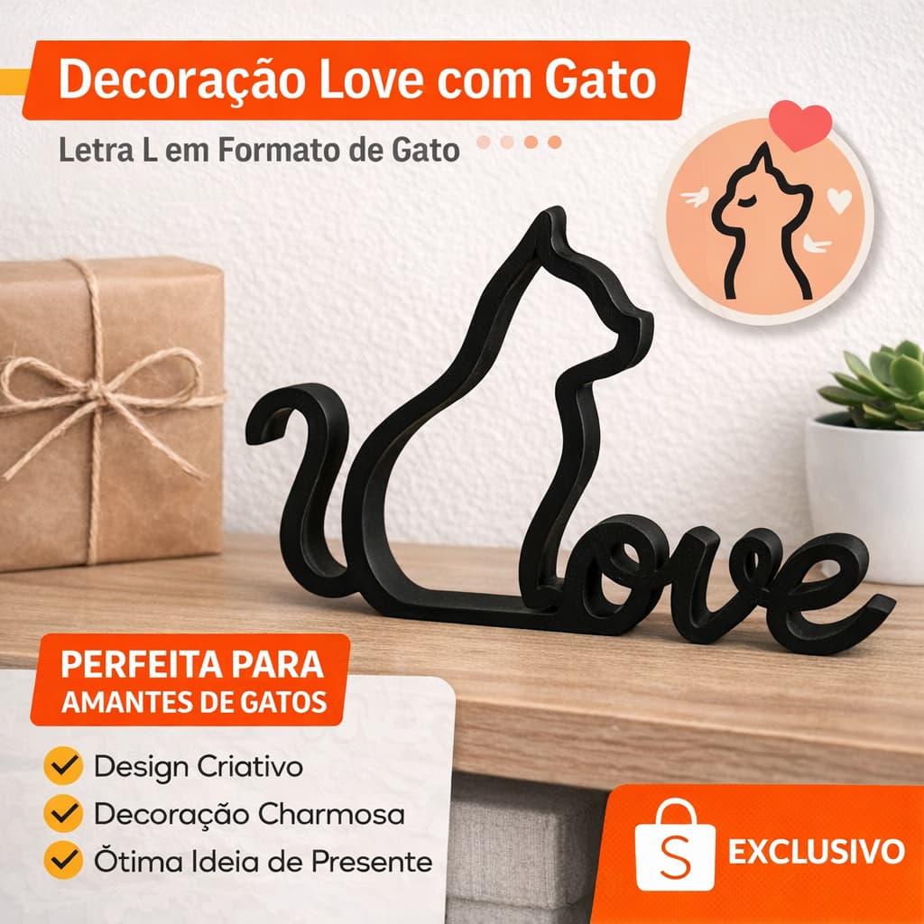 Decoração Love Gato| Enfeite Decorativo para Sala, Quarto e Estante para Amantes de Gatos