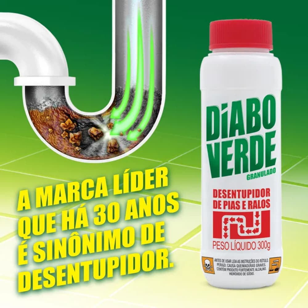 Desentupidor de Pia e Ralo Diabo Verde Granulado 300g Alta Potência