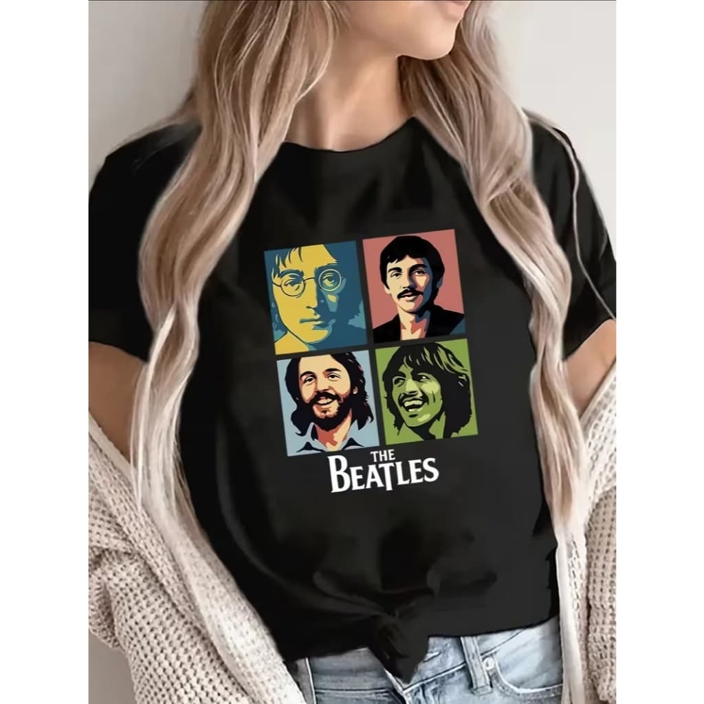 Camiseta Feminina The Beatles Pop Art Colorida T-shirt Rock Concept