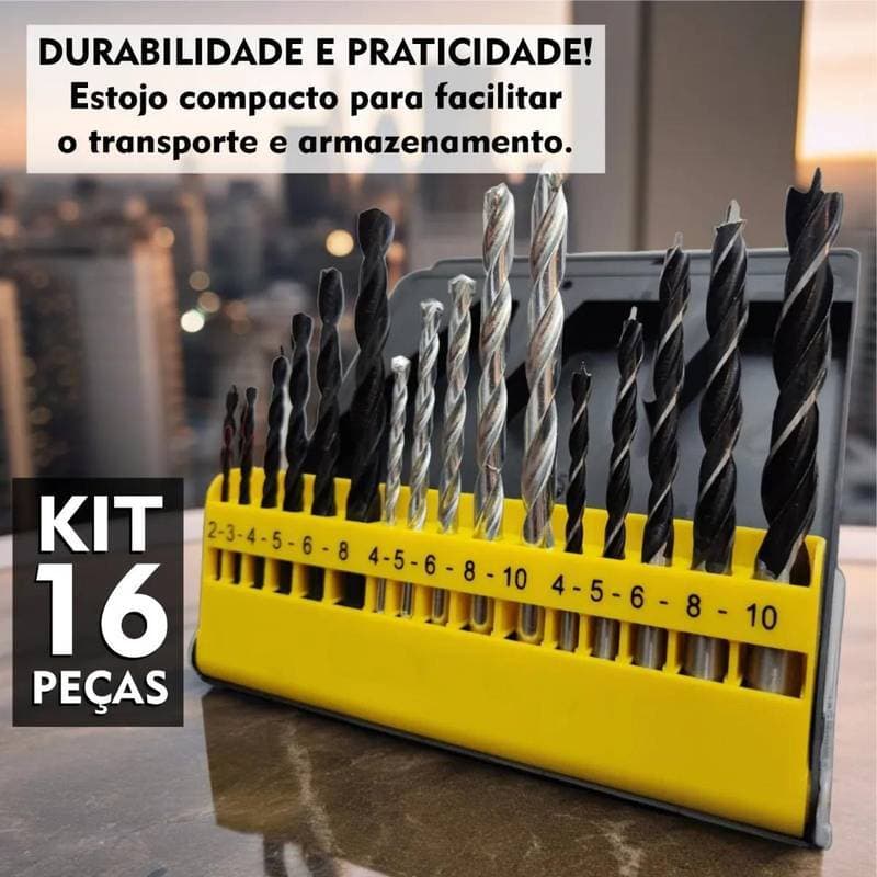 Jogo De Brocas 16 Peças C/ Estojo Madeira Ferro Concreto Metal Videa Aço Para Furadeira Parafusadeira Dewen