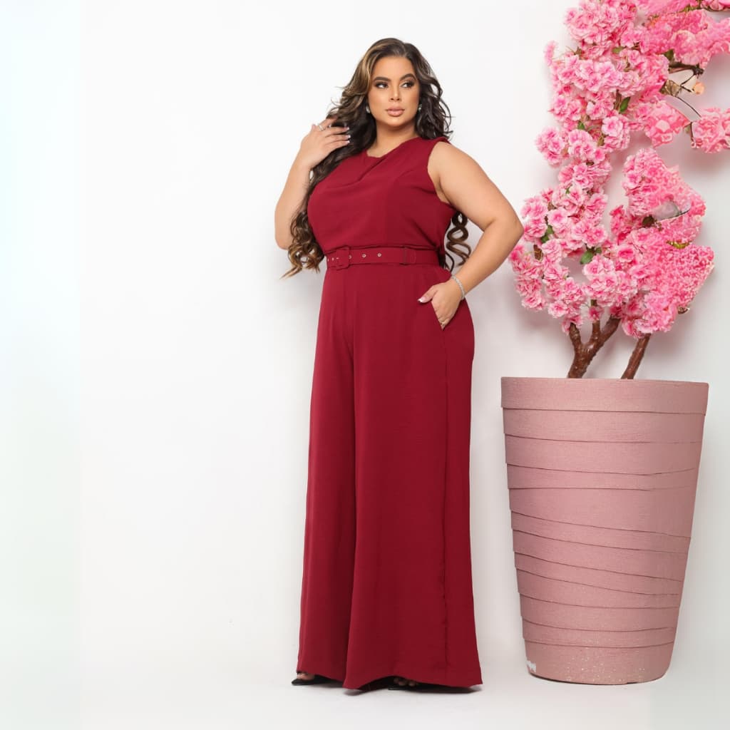 Macacão Feminino Pantalona Regata Alfaiataria com Cinto Elegante Moda