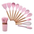 ROSA - Kit Cozinha Silicone Premium 12 Peças Antiaderente Cabo Madeira Resistente