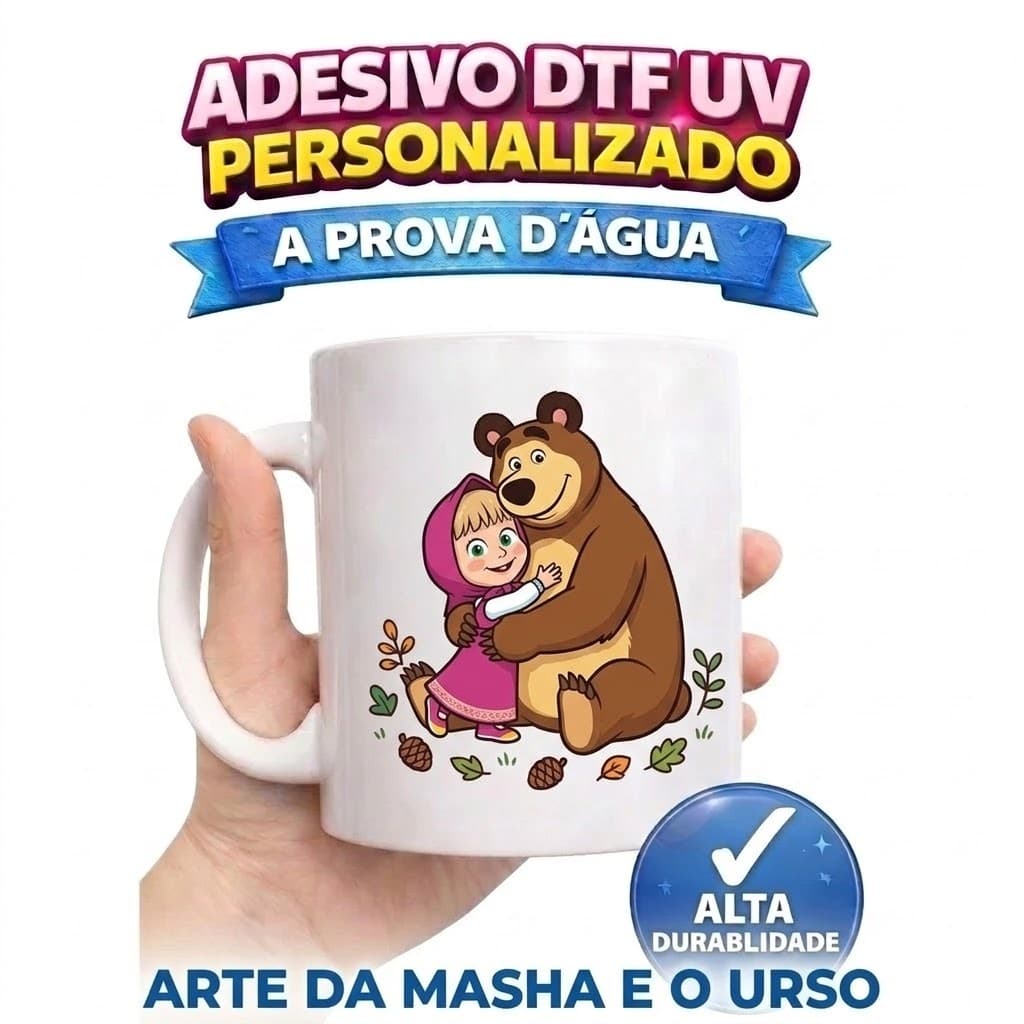 MARSHA E O URSO ADESIVO DTF 7,5CM - A PROVA D'ÁGUA - ÓTIMA QUALIDADE, RESISTENTE DTF UV, ALTO RELEVO