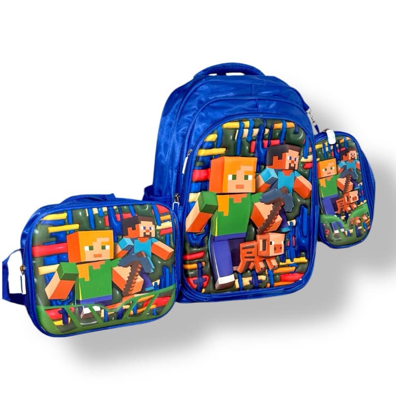 Kit Mochila Escolar Infantil Minecraft Kit mochila grande Costas Lancheira Térmica e Estojo 3D