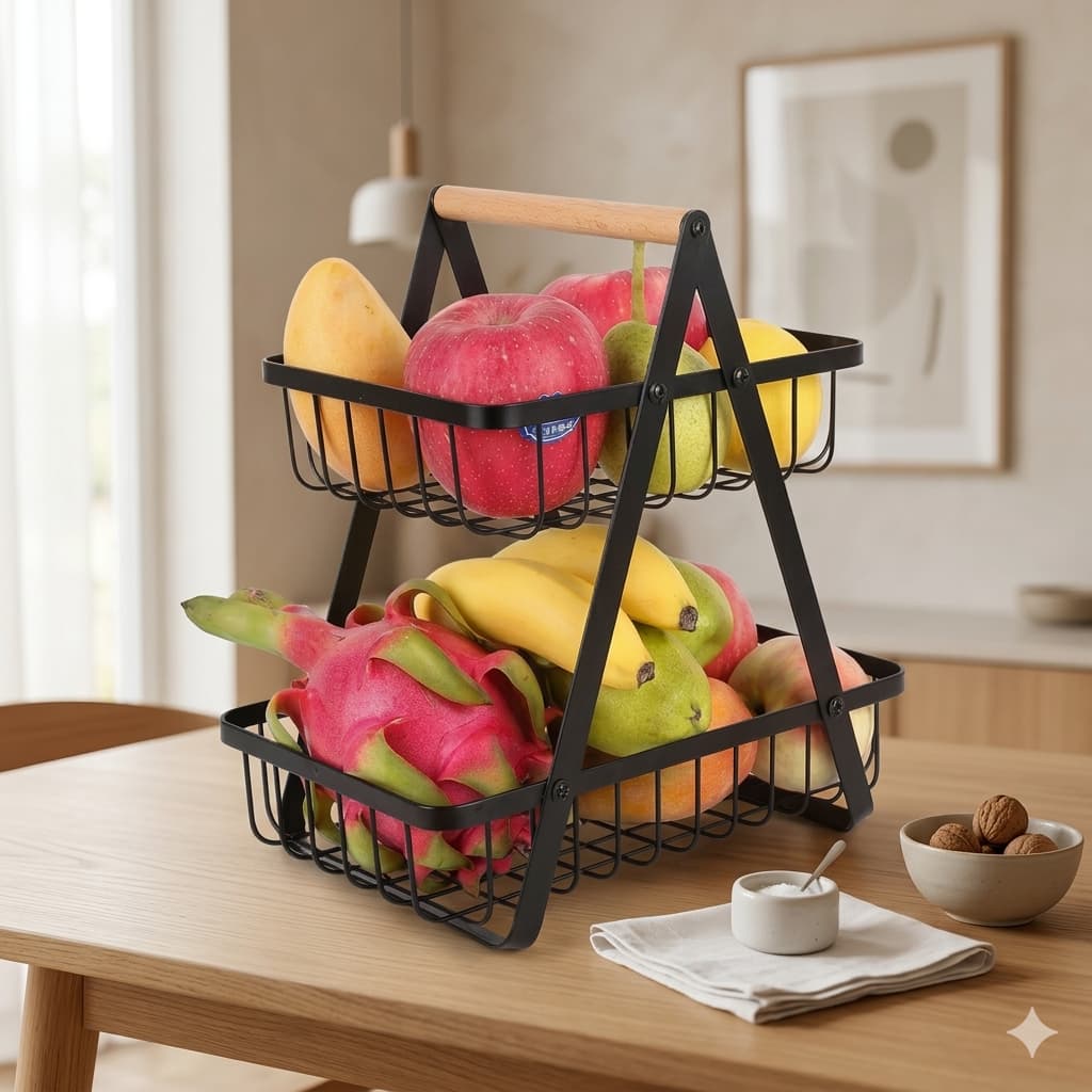 Fruteira Cozinha Moderna de Metal 2 Andas Multiuso com Alça de Madeira – Organizador de Frutas, Legumes
