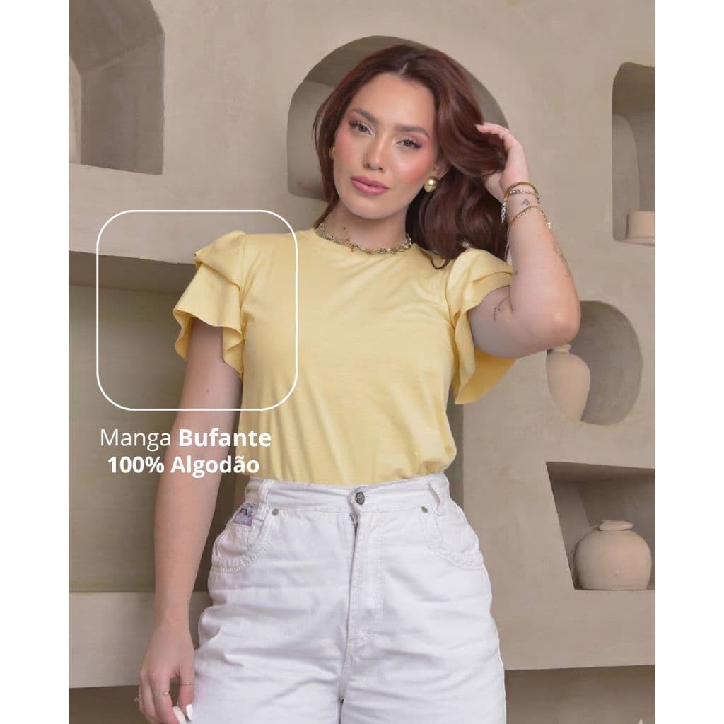 T shirt Feminina Blusa Manga Bufante Lisa Moda Cristã Mulher Moderna Elegante 100% Algodão