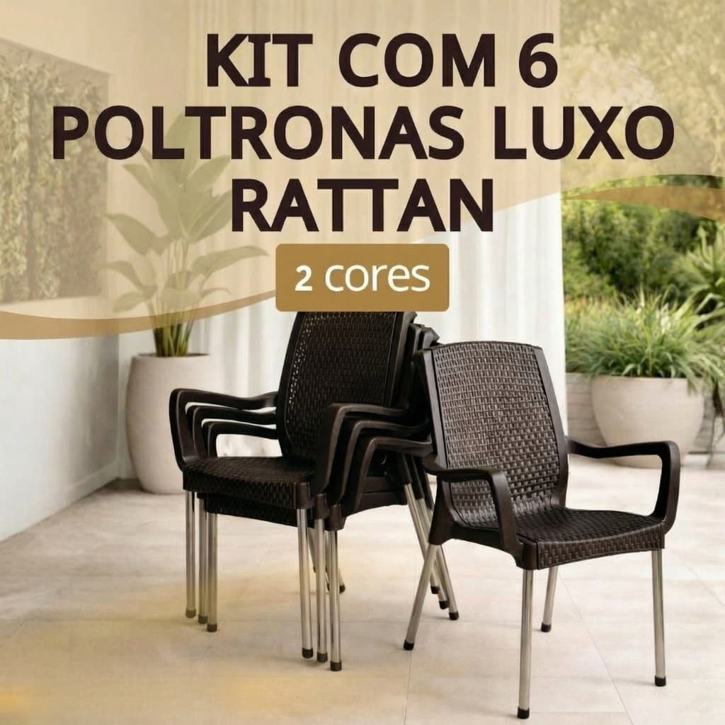 Kit 6 Poltrona Reforçada Rattan Luxo com Braço UV Empilhável 160kg Aço Cromado Qualquer Ambiente
