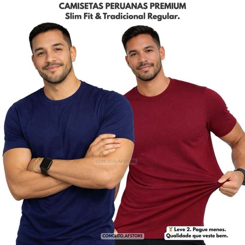 KIT 2 Camisetas Malha Peruana Premium Slim e Regular – Conforto, Elasticidade e Toque Macio.