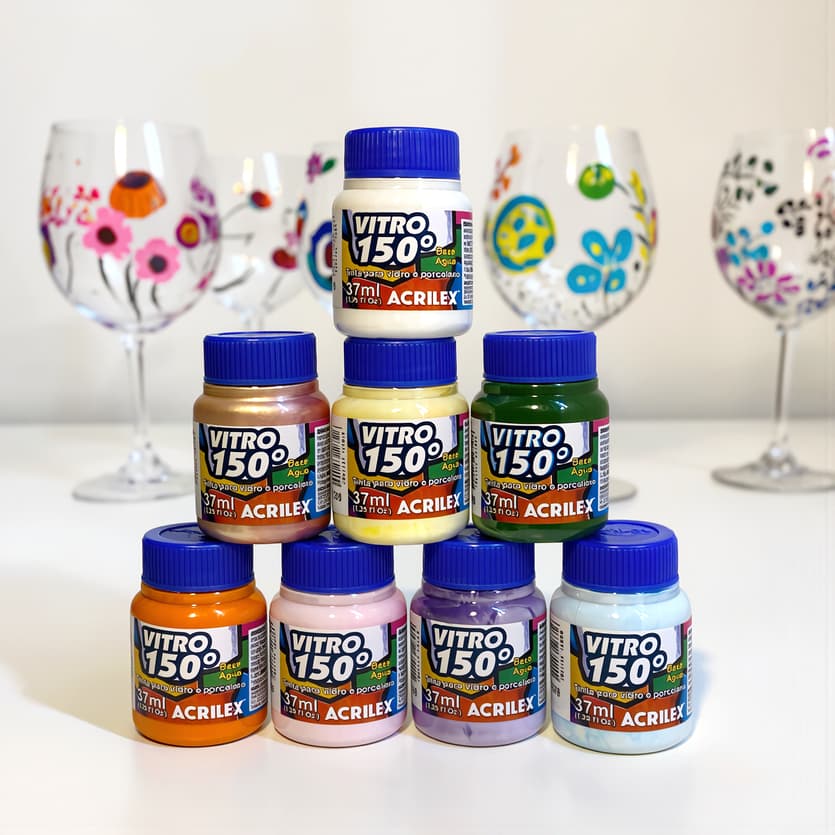 Kit Pintura Tinta Vitro 150 Acrilex 8 Cores Tons Verão Pastel 37ml cada Vidro Porcelana Cerâmica