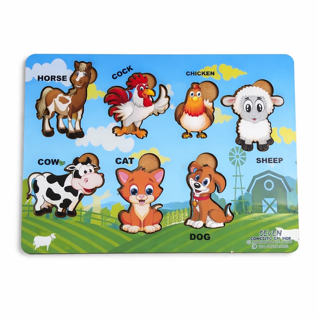 Brinquedo Educativo Infantil Jogo de Encaixe Quebra Cabeça Fazendinha MDF Alto Brilho 19x25cm