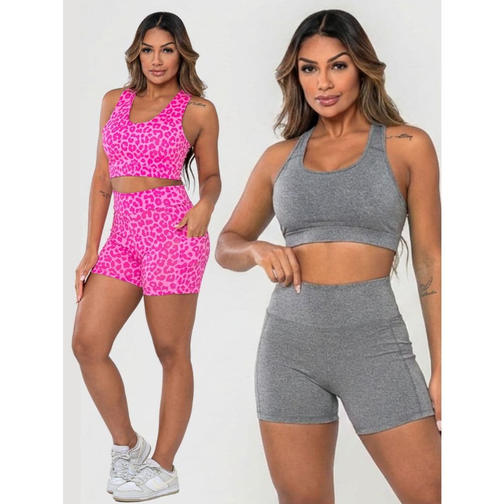 Kit 2 Conjuntos Virginia Top e Short com Bolso Feminino Academia Cintura Alta Fitness Treino Musculação Levanta Bumbum