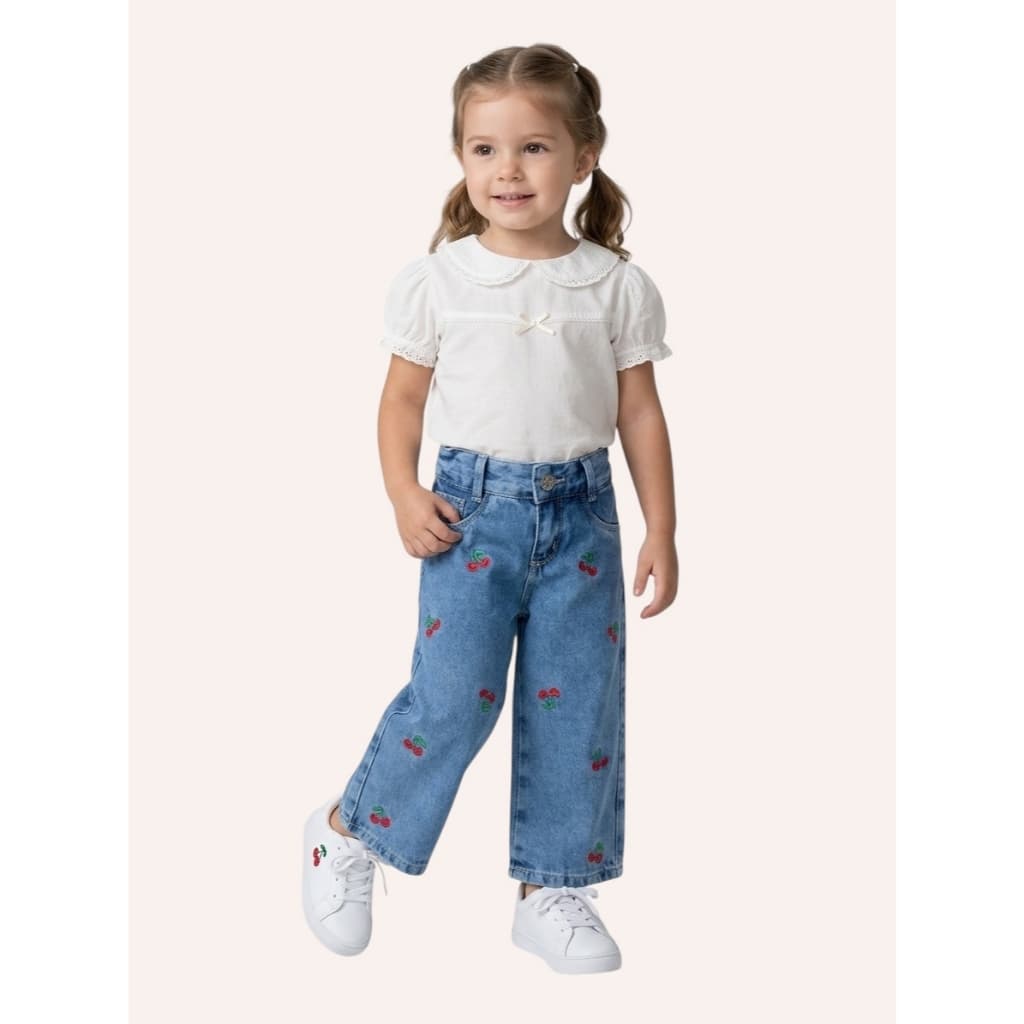 Calça Jeans Wide Leg Bebê Menina Clara Ajuste na Cintura Reta Premium Algodão Festas Lisa Recém Nascida