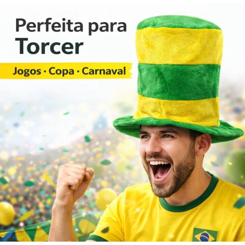 Cartola Brasil Torcida Chapéu Copa do Mundo Adereço Para Torcedor Futebol Acessório Amarelo e Verde Listrada