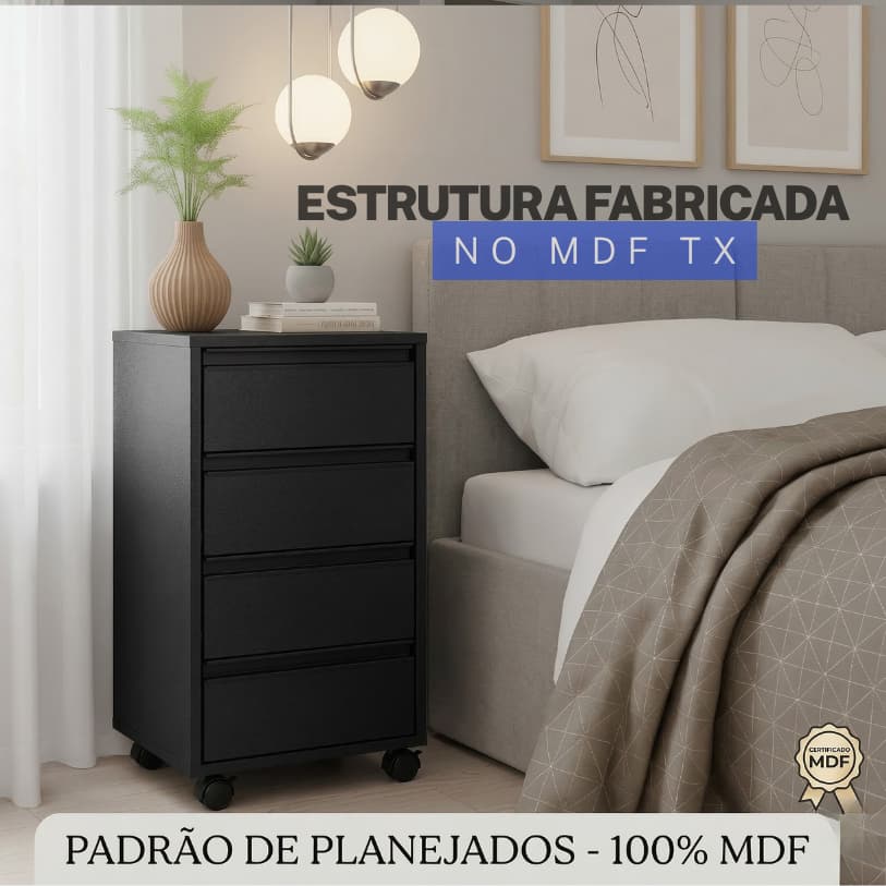 Gaveteiro 4 Gavetas Todo Preto com Rodinhas MDF Montado Puxador Preto Corrediça Telescópica Multiuso