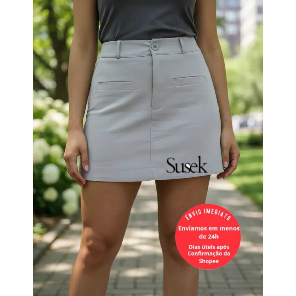 Short Saia Louis Twill Cintura Alta Detalhe com Bolsos Frontais Fake 1810