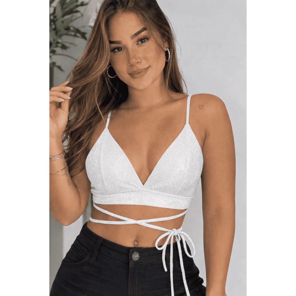 Top Feminino Lurex Alcinha Decotado com Bojo Totalmente Forrado - Roupa de Festas para Mulher
