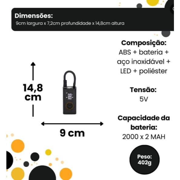 Bomba de Ar Digital Portátil - Preta leve e Pratica
