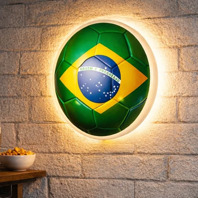 Luminária de Parede Bola de Futebol Brasil LED Bivolt | Arandela Decorativa para Bar, Quarto Gamer e Área de Lazer