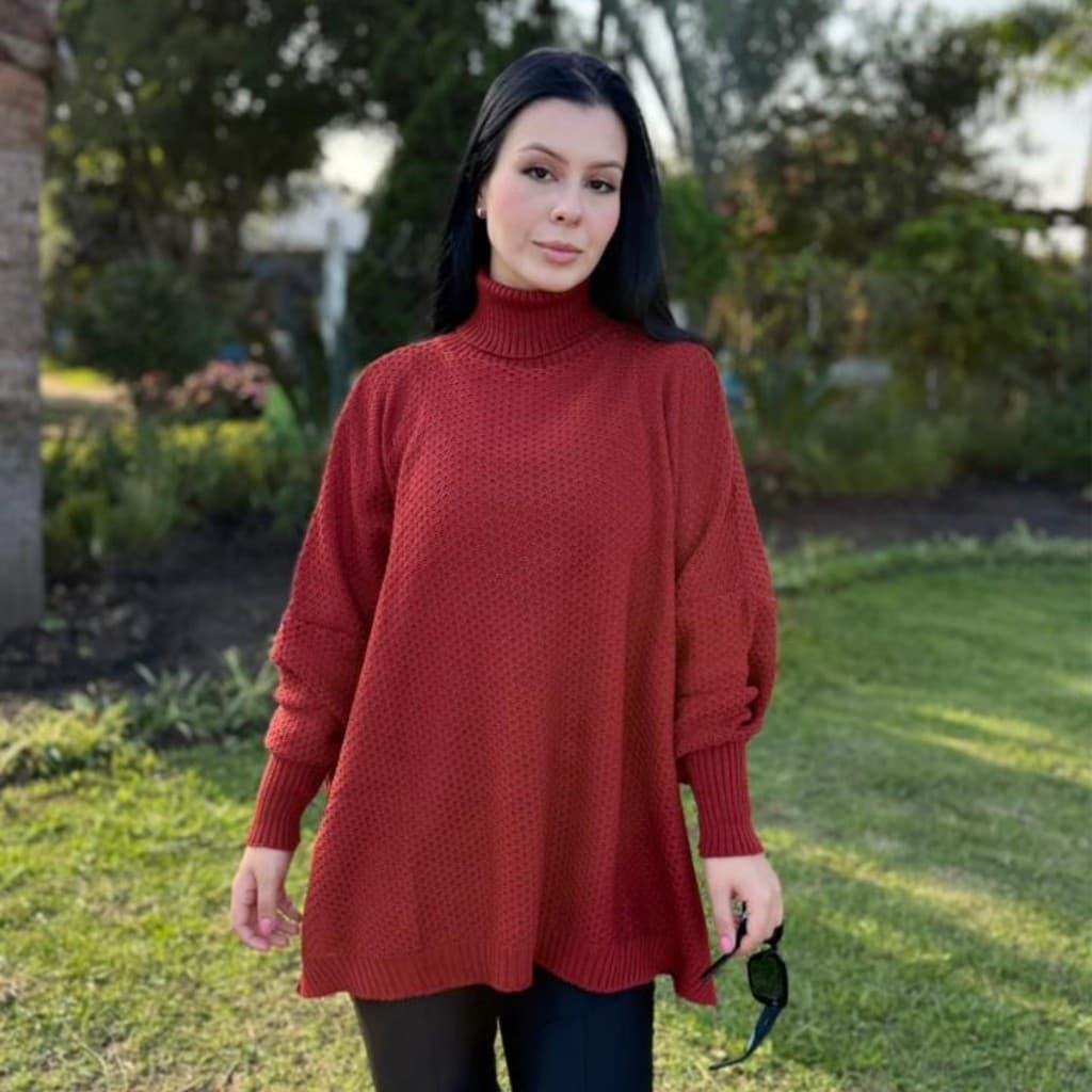 Poncho Feminino Tricot Gola Alta Inverno 2026 | Poncho de Tricô Feminino Elegante com Fenda Lateral Ponto Fang