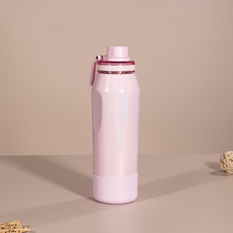 Garrafa Térmica Rosa Claro 950ml Inox Holográfico Personalizável Parede Dupla Bebida Gelada Quente