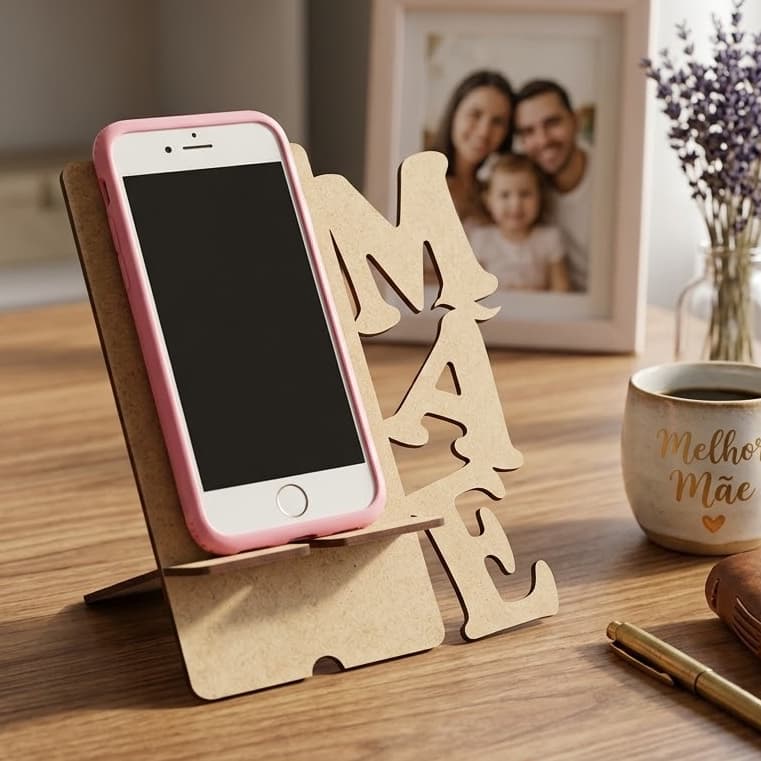 Suporte de Celular em MDF de Mesa "Mãe" Presente Dia das Mães Corte a Laser Decorativo