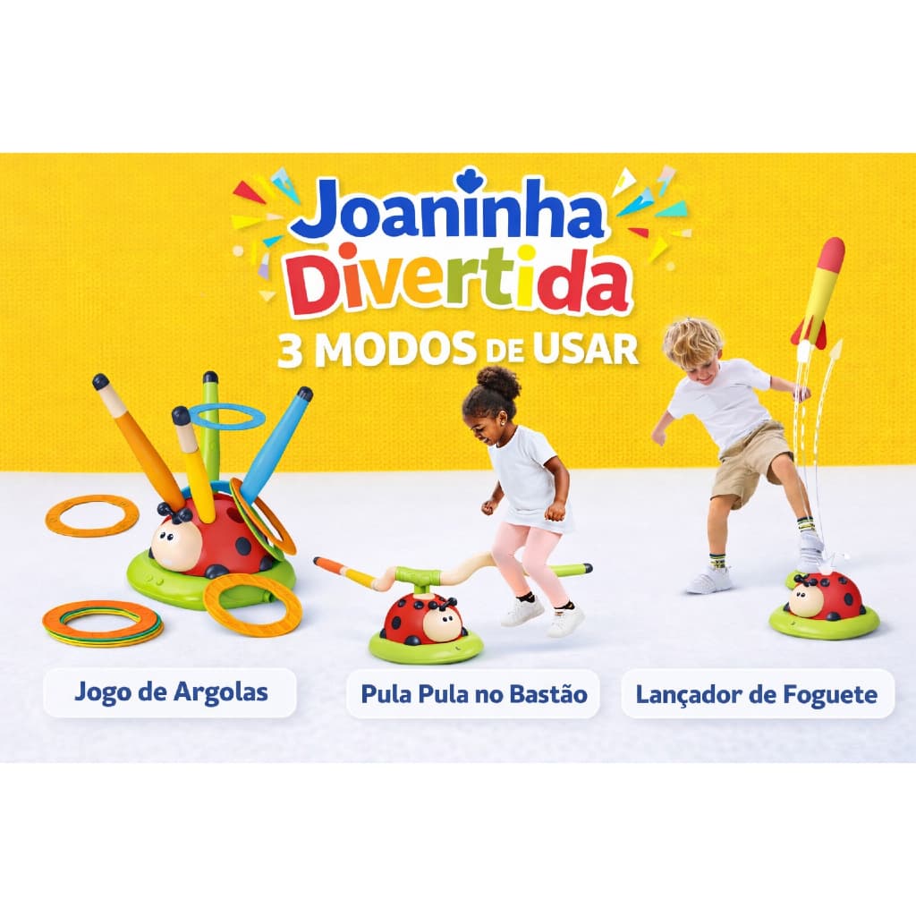 Joaninha Divertida 3 Em 1 Bastão Giratório Pula Brinquedo Infantil Argolas Lança Foguete