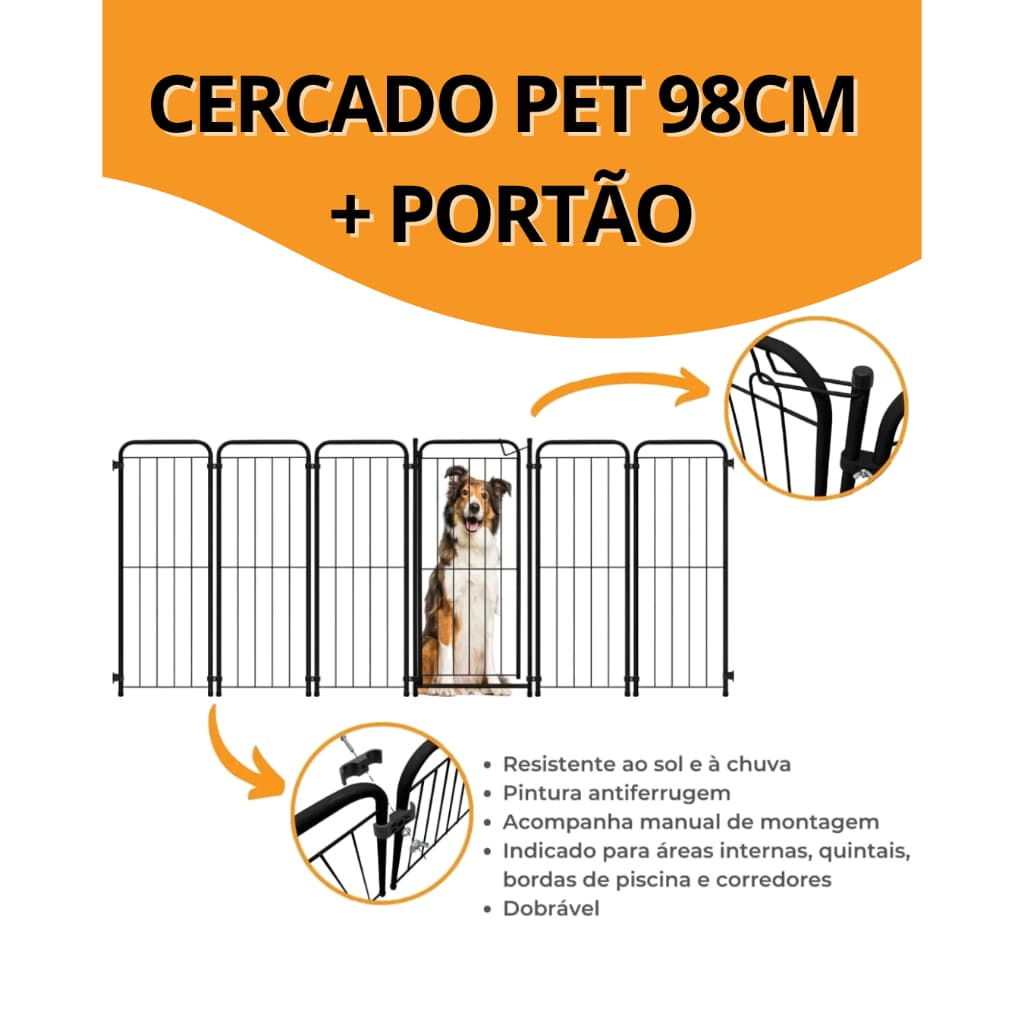 Cercado Pet 98cm Alto Reforçado com Portão | Cercado para Cachorro Grande em Aço Dobrável Seguro