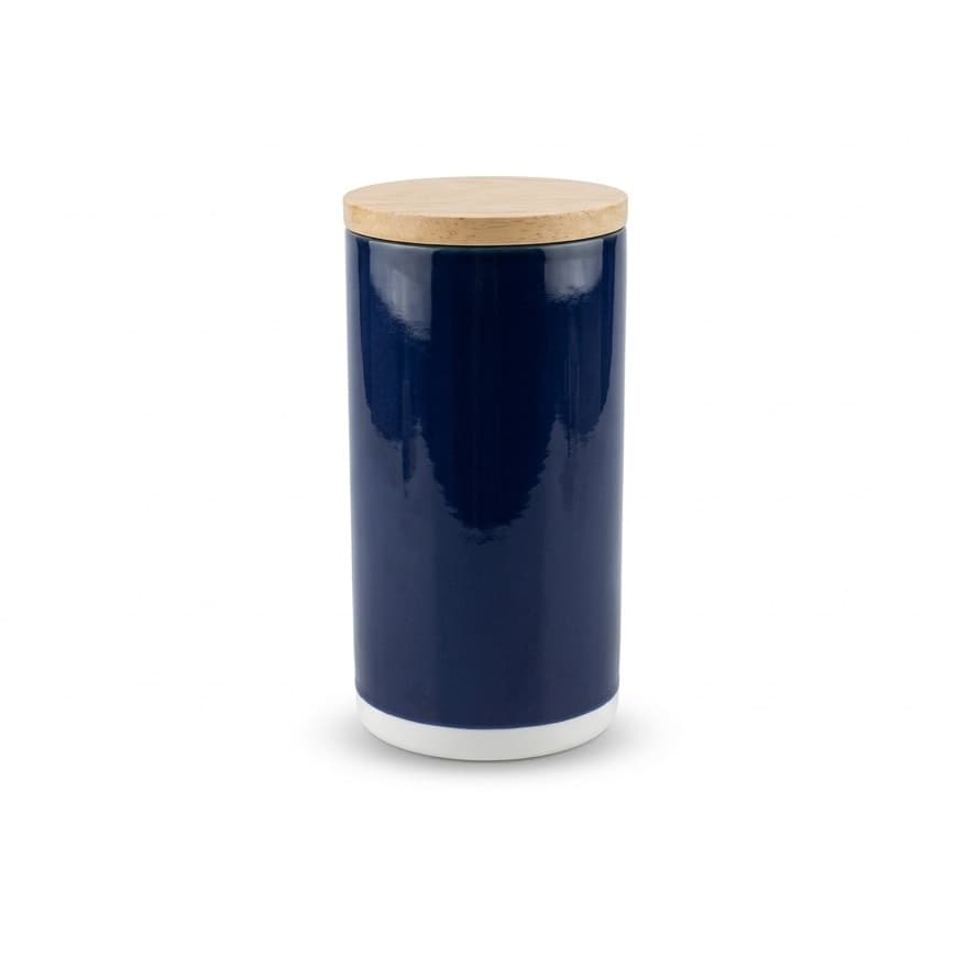 Pote de Cerâmica Azul com Tampa de Madeira Hermético 21cm Porta Café Açúcar Biscoito Decorativo