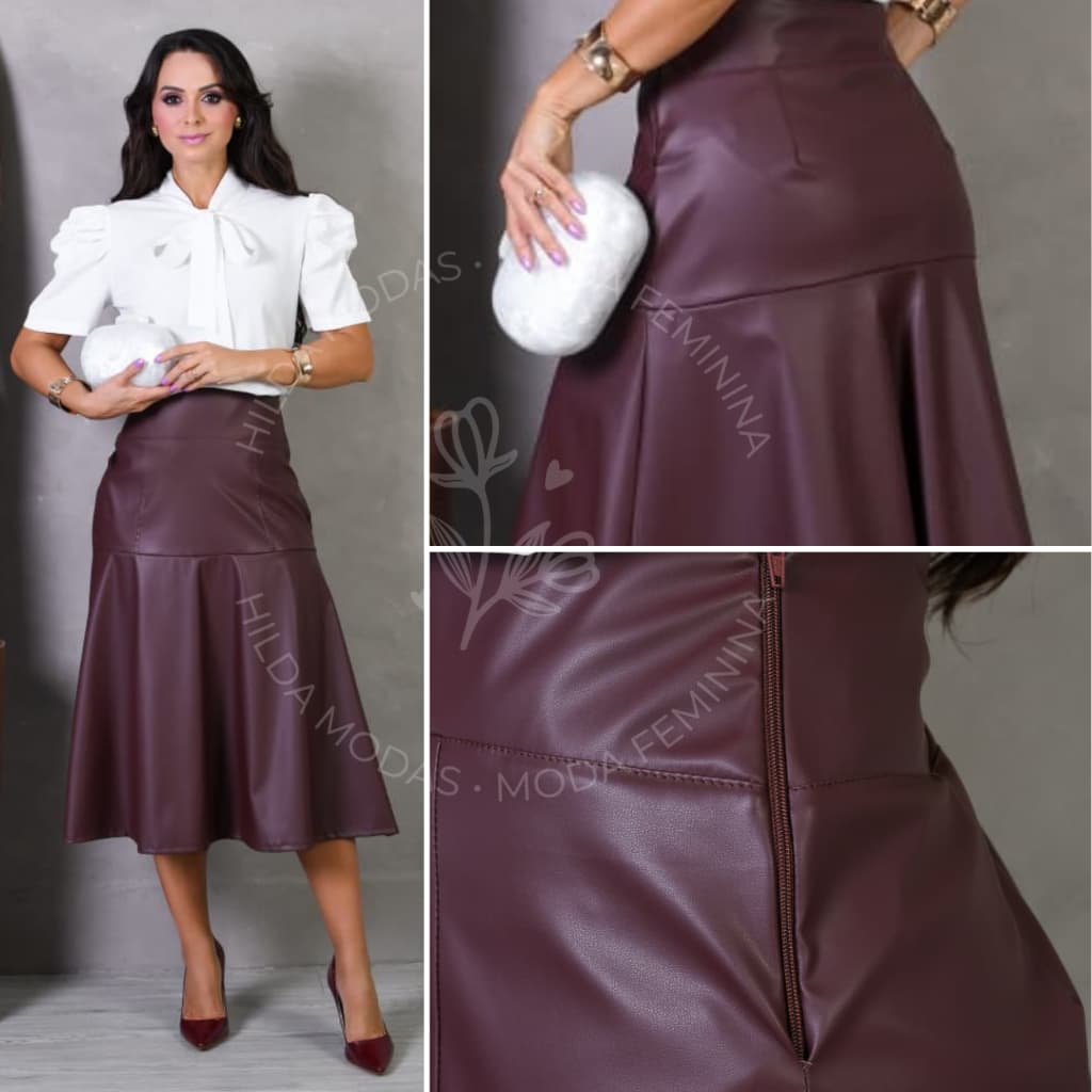 Saia Midi Godê Feminina de Couro Sintético com Forro e Zíper na Lateral Elegante Moda Evangélica