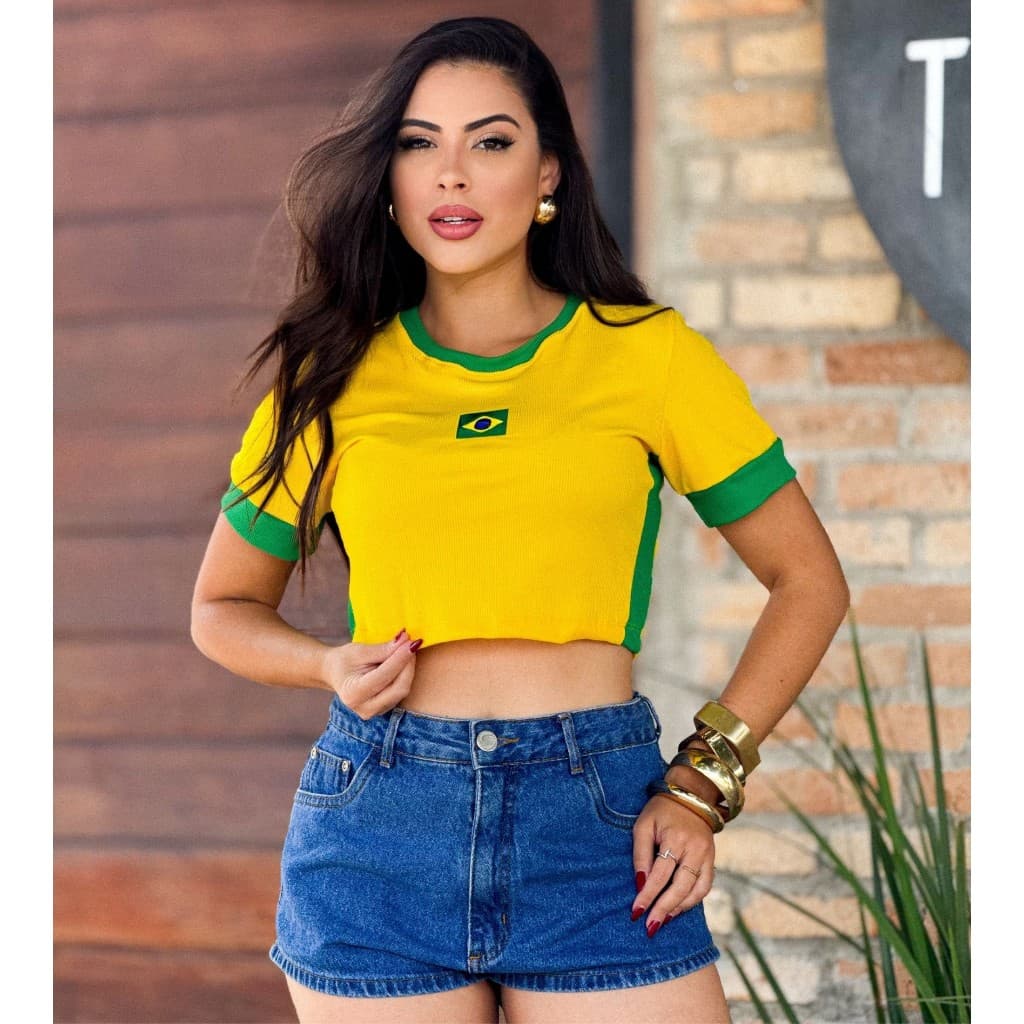 Blusa Cropped Brasil Feminina Canelada Ribana Manga Curta Baby Look Copa Bandeira