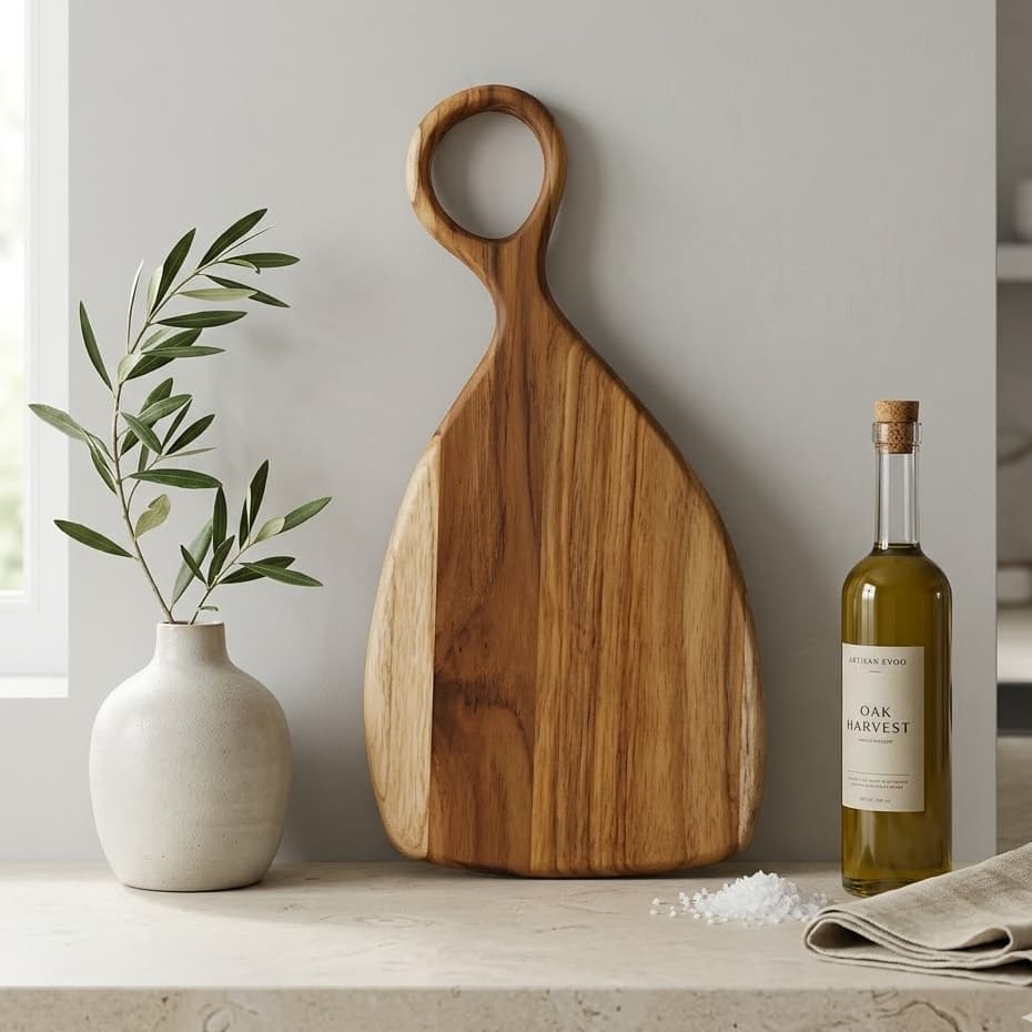 Tábua de Corte Frios e Servir Com Cabo Royal P Decorar Cozinha Mesa Posta – Madeira de Teca 38x19cm