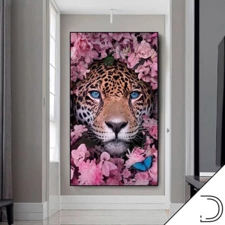 Quadro Decorativo Grande Alta Resolução Quadro de Parede Paisagem Fotografia Leopardo Com Flores Rosa 1 Peça 70x90
