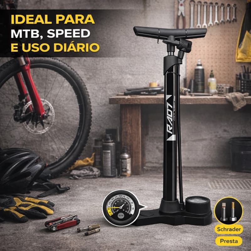 Bomba de Ar Profissional RAD7 com Manômetro – Alta Pressão, Enchimento Rápido e Precisão Total!