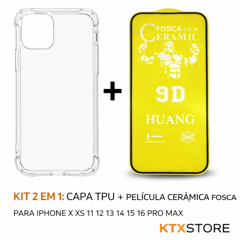 Kit 2em1 Capa TPU + Película Cerâmica Fosca Proteção Tela iPhone X XS 11 12 13 14 15 16 Pro Max-KTX
