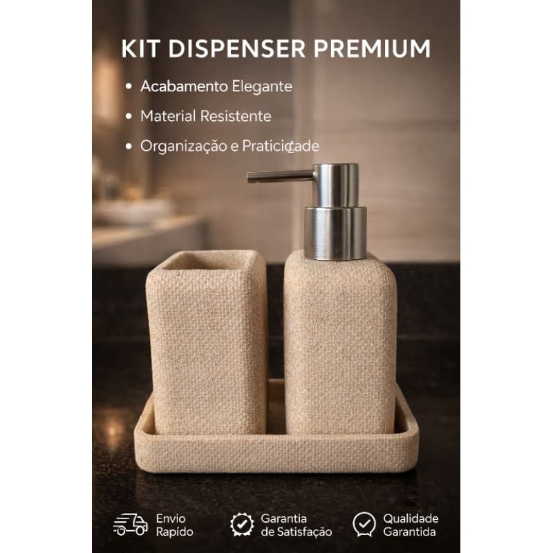 Conjunto Banheiro 3 Peças Dispenser, Porta Escova e Bandeja Premium_Design Minimalista