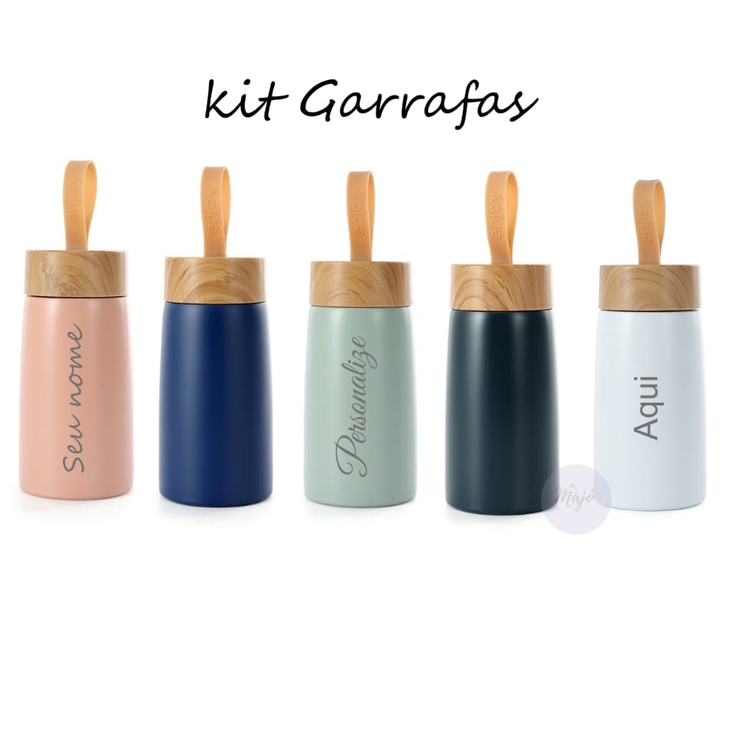 Kit 30 Mini Garrafas Inox 250 ml personalizadas alça design bambu pequena garrafinha