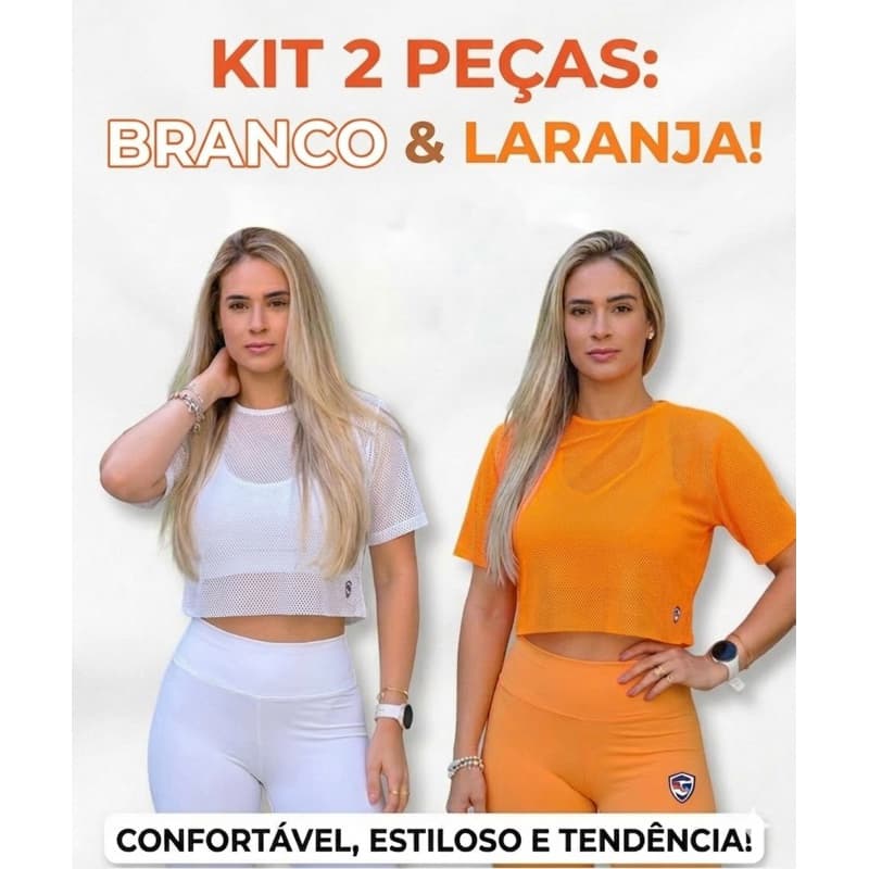 KIT 2 BLUSAS CROPPED FEMININA LARANJA BRANCO TELA TULE ARRASTÃO TRANSPARENTE  ACADEMIA FITNES TREINO