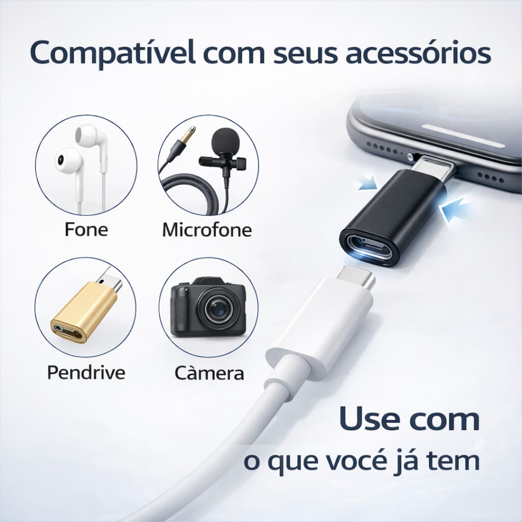 Adaptador USB-C para Lightning iPhone Conversor p/ Fone Microfone Câmera Pendrive iPad 14 13 12 11 X