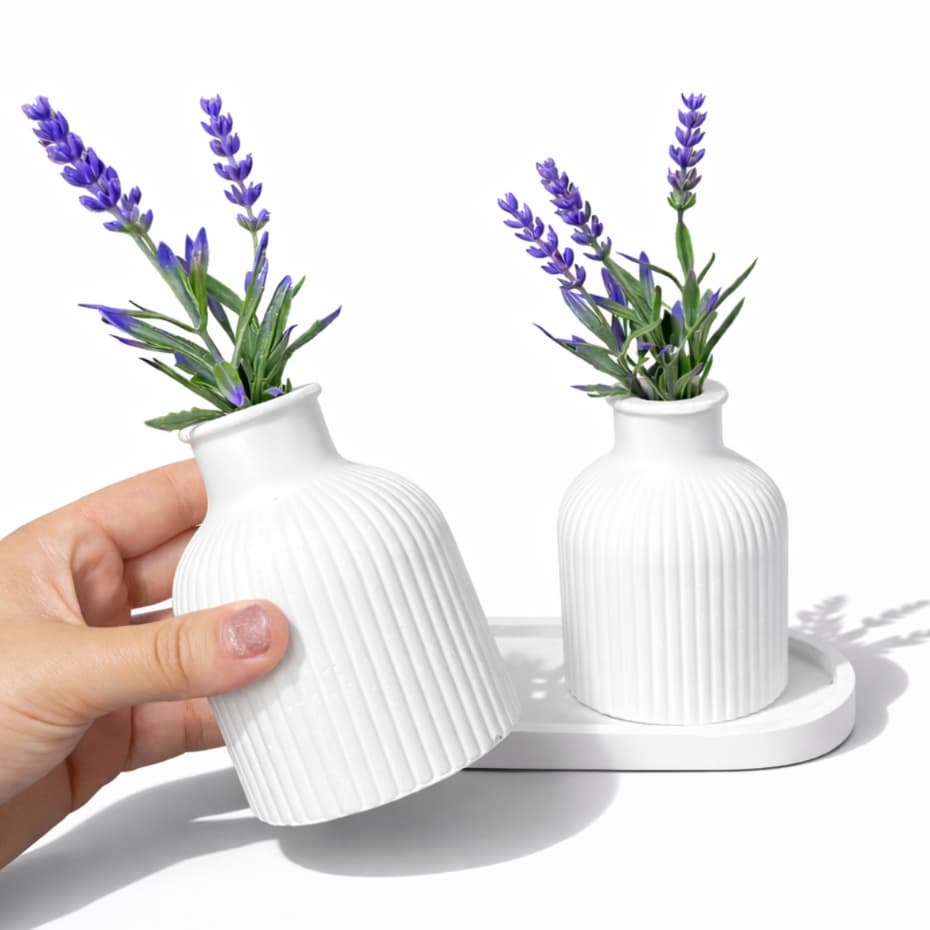 VASOS DE GESSO | BANDEJA E FLOR LAVANDA ARTIFICIAL | DECORAÇÃO PRESENTE CASA SALA AMBIENTE | ESTELA
