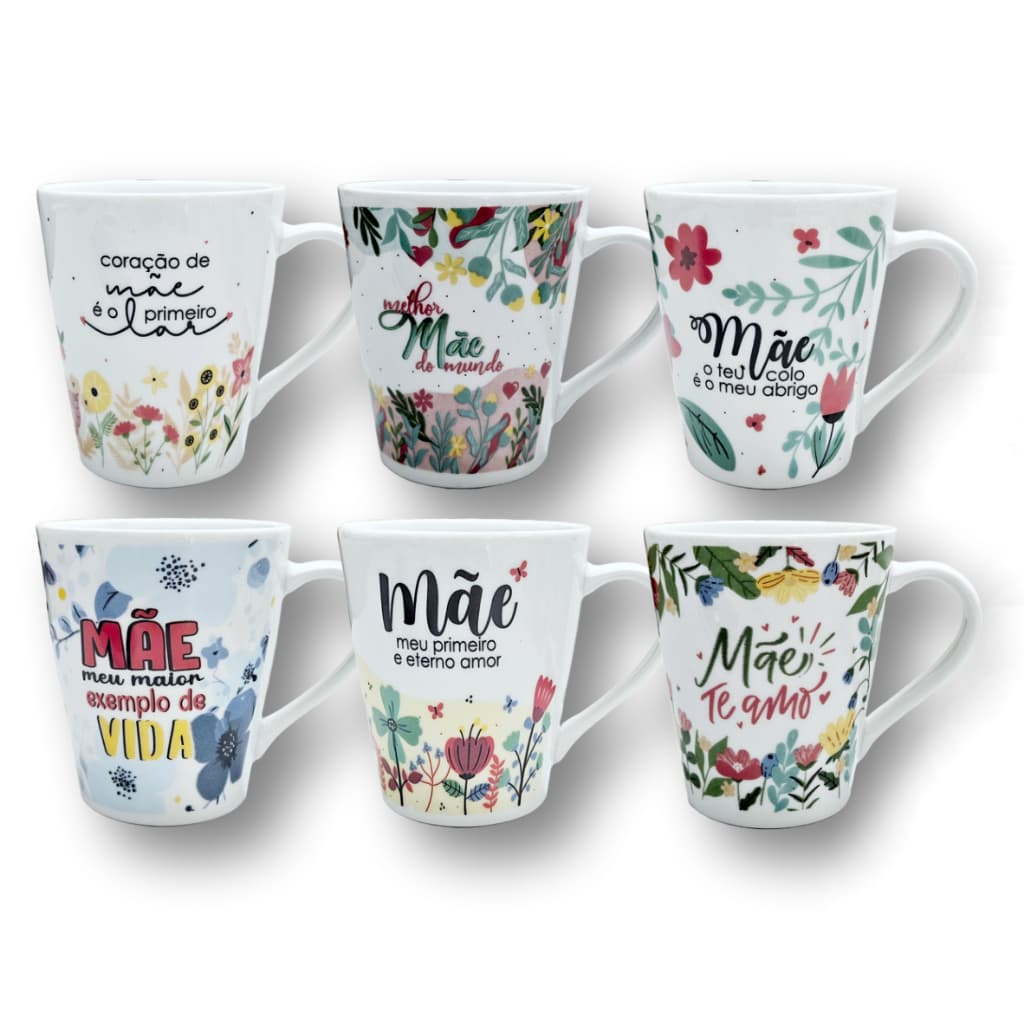 Canecas de porcelana brancas, cônicas, decoradas, 290 ml, xícara, café, chá, Col9-MÃES