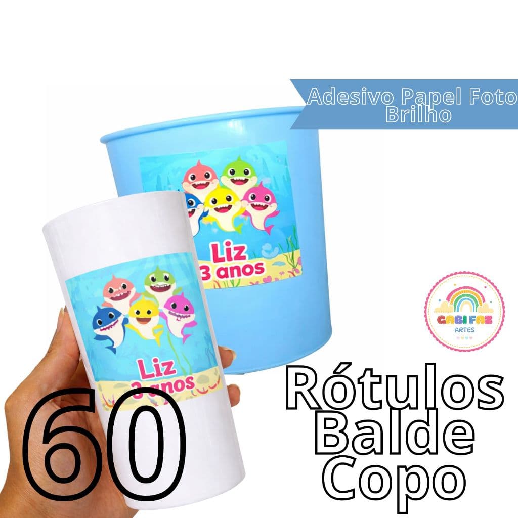 KIT 60 Rótulos Adesivo Personalizado para Copo Long Drik e Balde de Pipoca Lembrancinha Tema  Baby Shark