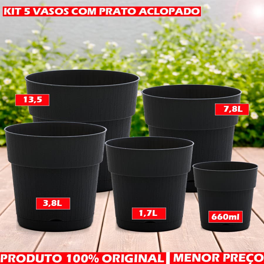 KIT 5 Vaso Flora Decor Com Prato Acoplado Para Casa, Jardim , Decoração, Resistente, Jaguar Utilidades