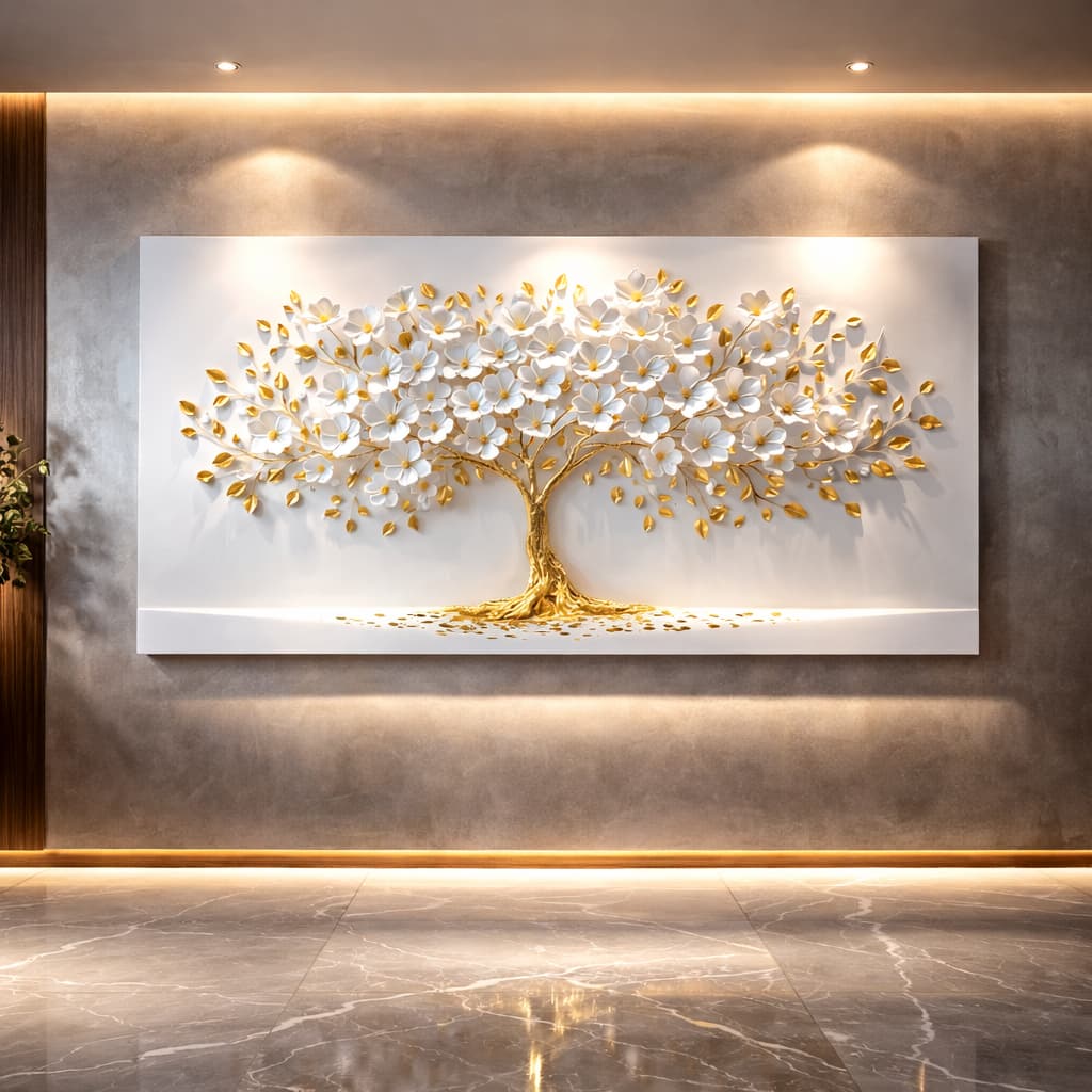 Quadro Decorativo Árvore Da Vida Majestosa Pétala Branca e Dourada Luxo Abstrato Decoração Sala Hall